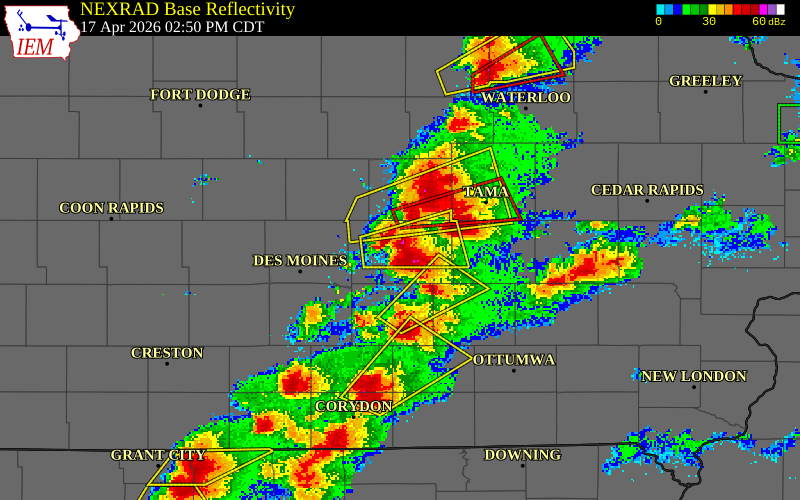 NEXRAD radar during the Friday, April 17, 2026 storm activity in Jasper County, Iowa