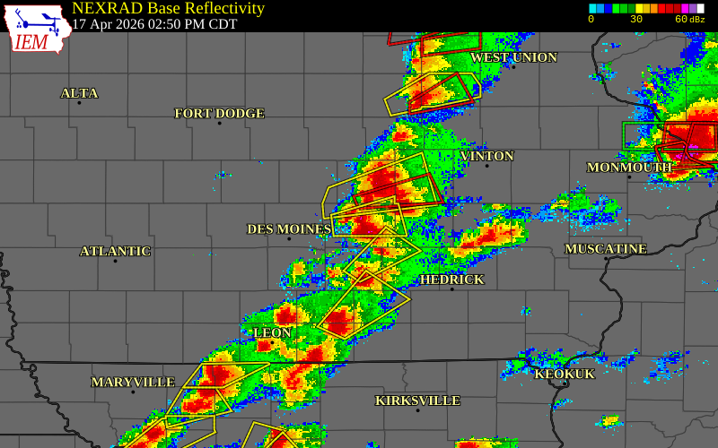 Radar snapshot during the Apr 17, 2026 hail event near 1 ESE Lambs Grove, Jasper County, Iowa, with NWS warning polygons