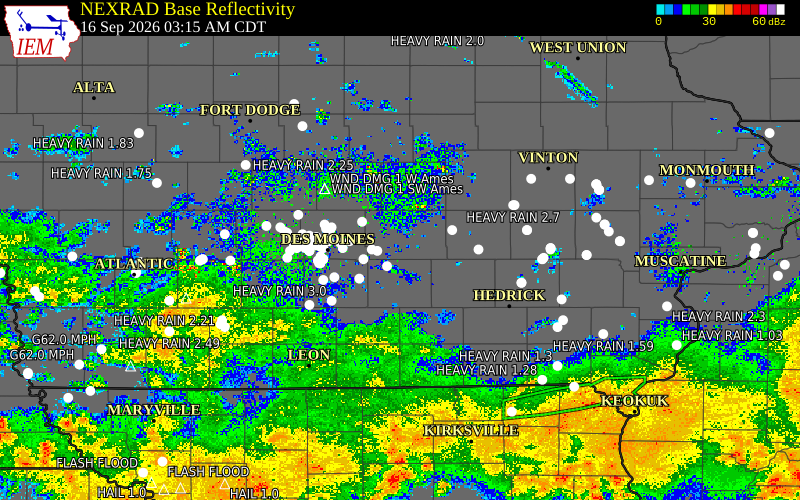 Current NEXRAD radar over Jasper County, Iowa with recent storm report locations