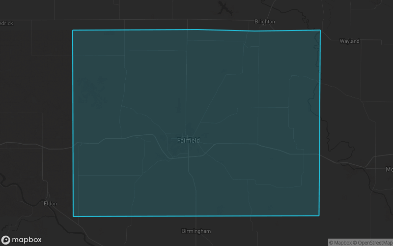 Map of Jefferson County, Iowa showing the county boundary and surrounding cities