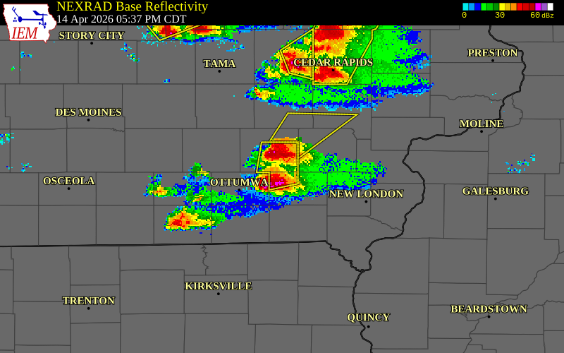 NEXRAD radar during the Tuesday, April 14, 2026 storm activity in Jefferson County, Iowa