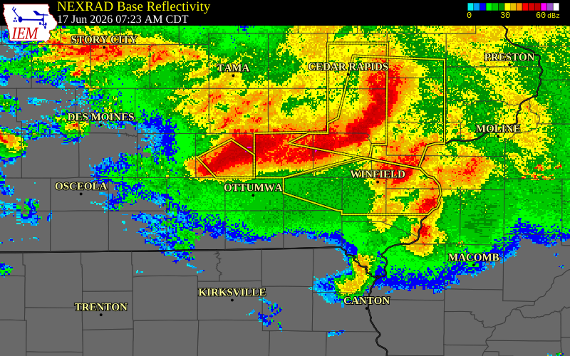 NEXRAD radar during the Wednesday, June 17, 2026 storm activity in Jefferson County, Iowa