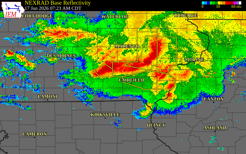 Radar snapshot during the Jun 17, 2026 tornado event near Pekin, Jefferson County, Iowa, with NWS warning polygons