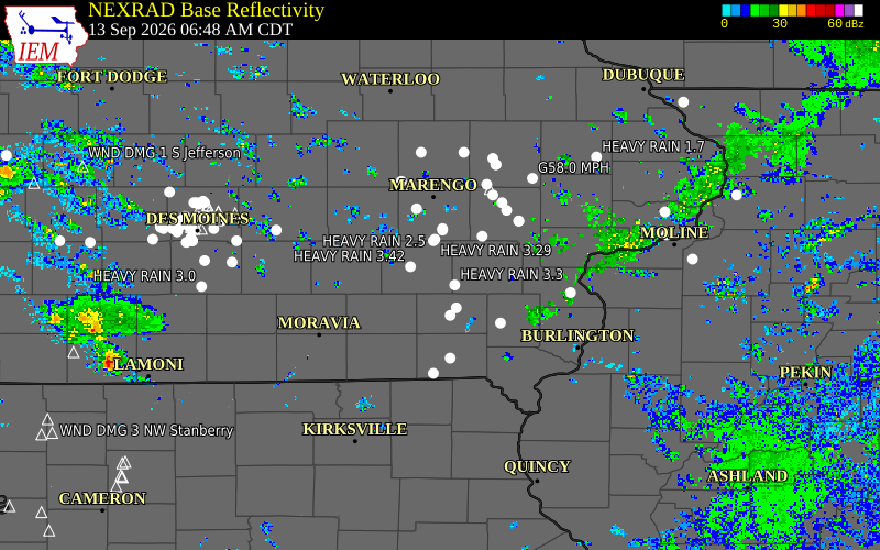 Current NEXRAD radar over Jefferson County, Iowa with recent storm report locations