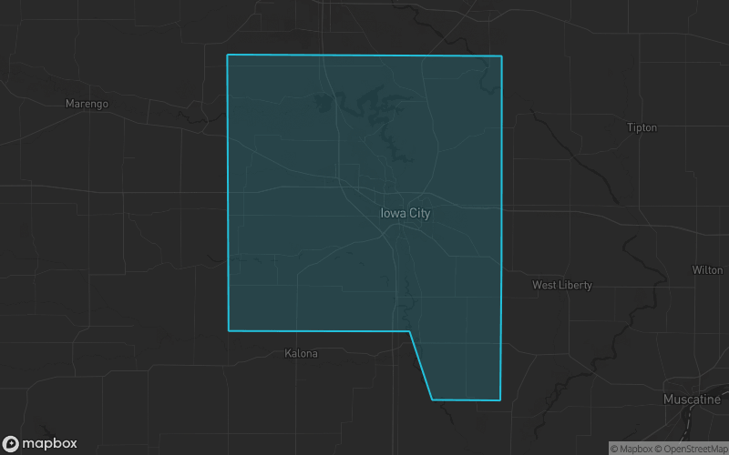 Map of Johnson County, Iowa showing the county boundary and surrounding cities