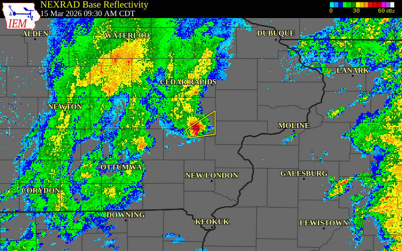 NEXRAD radar during the Sunday, March 15, 2026 storm activity in Johnson County, Iowa