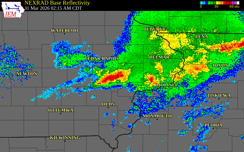 NEXRAD radar during the Tuesday, March 31, 2026 storm activity in Johnson County, Iowa