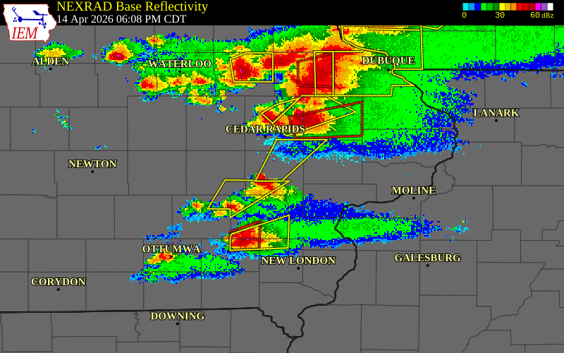 NEXRAD radar during the Tuesday, April 14, 2026 storm activity in Johnson County, Iowa