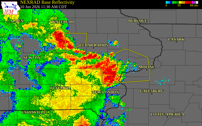 NEXRAD radar during the Wednesday, June 10, 2026 storm activity in Johnson County, Iowa