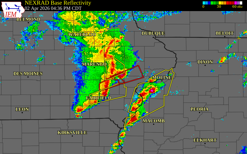 Radar snapshot during the Apr 2, 2026 tornado event near 3 SW Downey, Johnson County, Iowa, with NWS warning polygons