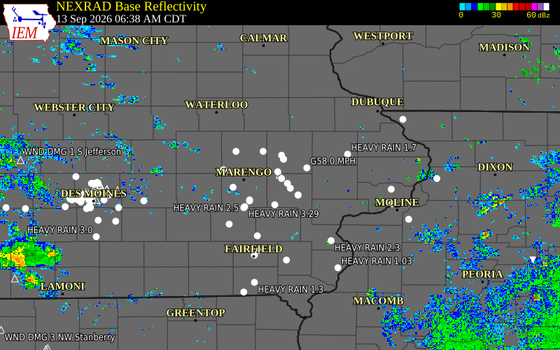 Current NEXRAD radar over Johnson County, Iowa with recent storm report locations