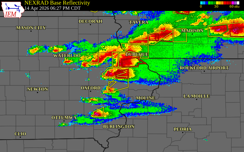 Radar snapshot during the Apr 14, 2026 tornado event near 2 WSW Onslow, Jones County, Iowa, with NWS warning polygons