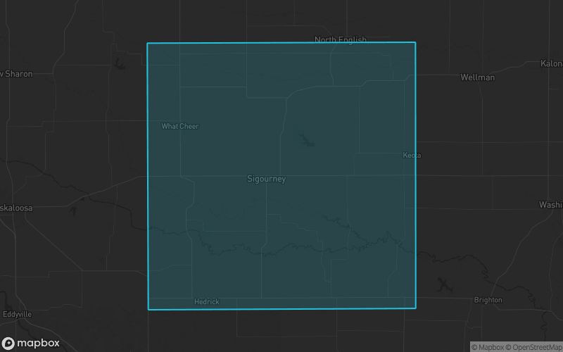 Map of Keokuk County, Iowa showing the county boundary and surrounding cities