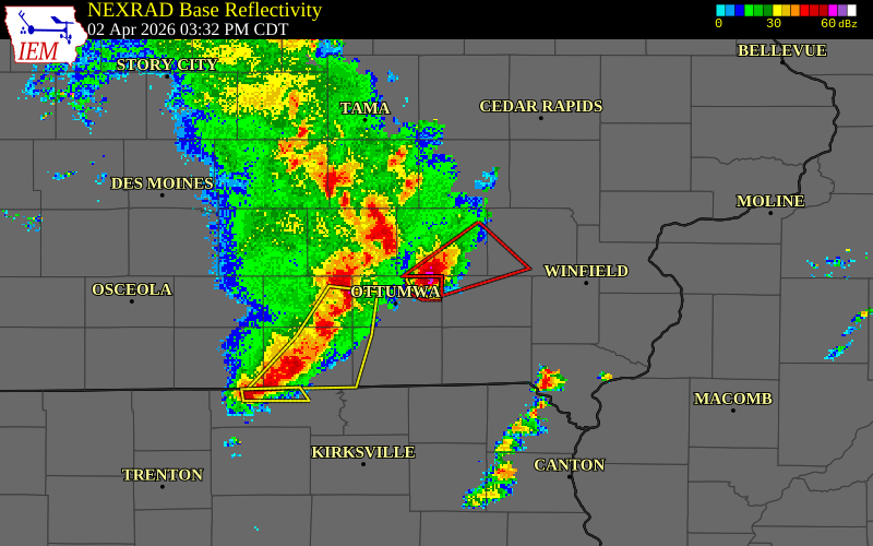 NEXRAD radar during the Thursday, April 2, 2026 storm activity in Keokuk County, Iowa