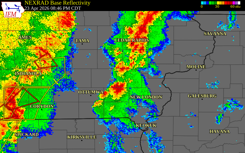 NEXRAD radar during the Thursday, April 23, 2026 storm activity in Keokuk County, Iowa