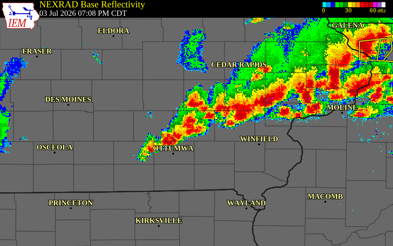 NEXRAD radar during the Friday, July 3, 2026 storm activity in Keokuk County, Iowa