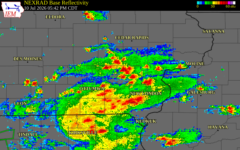 NEXRAD radar during the Friday, July 10, 2026 storm activity in Keokuk County, Iowa