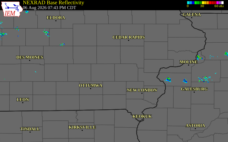 NEXRAD radar during the Thursday, August 6, 2026 storm activity in Keokuk County, Iowa