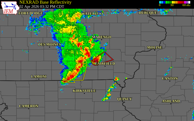 Radar snapshot during the Apr 2, 2026 hail event near 2 E Martinsburg, Keokuk County, Iowa, with NWS warning polygons