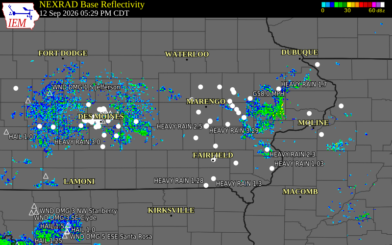 Current NEXRAD radar over Keokuk County, Iowa with recent storm report locations