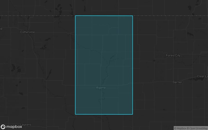 Map of Kossuth County, Iowa showing the county boundary and surrounding cities