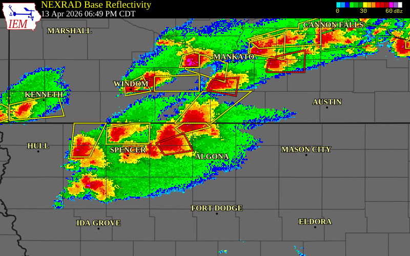 NEXRAD radar during the Monday, April 13, 2026 storm activity in Kossuth County, Iowa