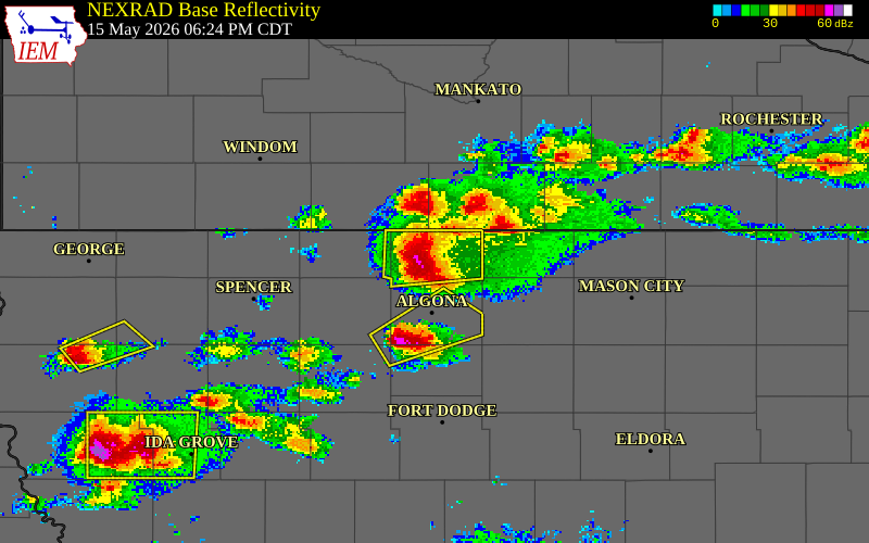 NEXRAD radar during the Friday, May 15, 2026 storm activity in Kossuth County, Iowa