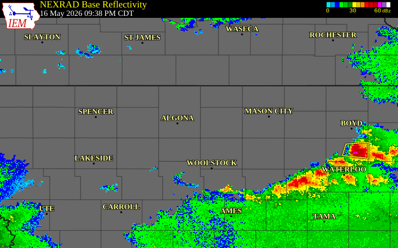 NEXRAD radar during the Saturday, May 16, 2026 storm activity in Kossuth County, Iowa