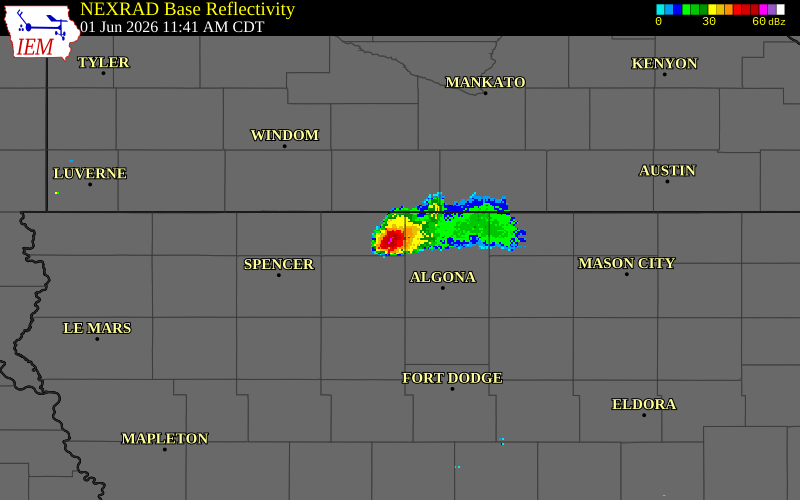NEXRAD radar during the Monday, June 1, 2026 storm activity in Kossuth County, Iowa