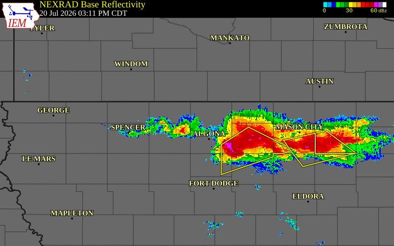 NEXRAD radar during the Monday, July 20, 2026 storm activity in Kossuth County, Iowa