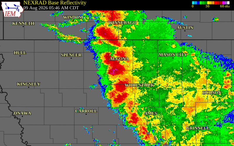NEXRAD radar during the Sunday, August 9, 2026 storm activity in Kossuth County, Iowa