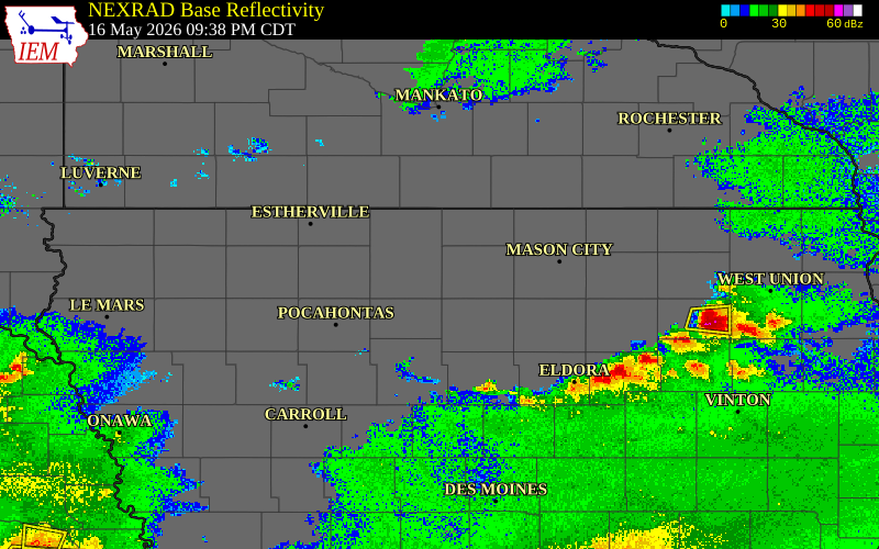 Radar snapshot during the May 16, 2026 tornado event near 2 S Wesley, Kossuth County, Iowa, with NWS warning polygons