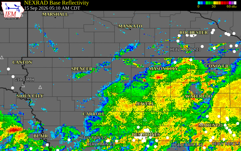 Current NEXRAD radar over Kossuth County, Iowa with recent storm report locations
