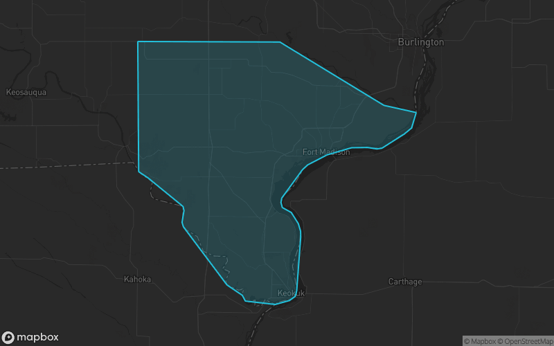 Map of Lee County, Iowa showing the county boundary and surrounding cities
