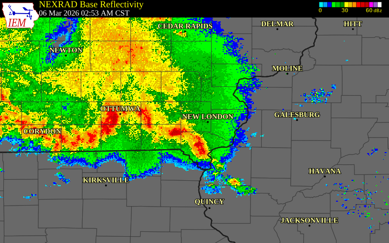 NEXRAD radar during the Friday, March 6, 2026 storm activity in Lee County, Iowa