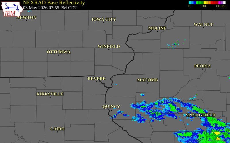 NEXRAD radar during the Sunday, May 3, 2026 storm activity in Lee County, Iowa