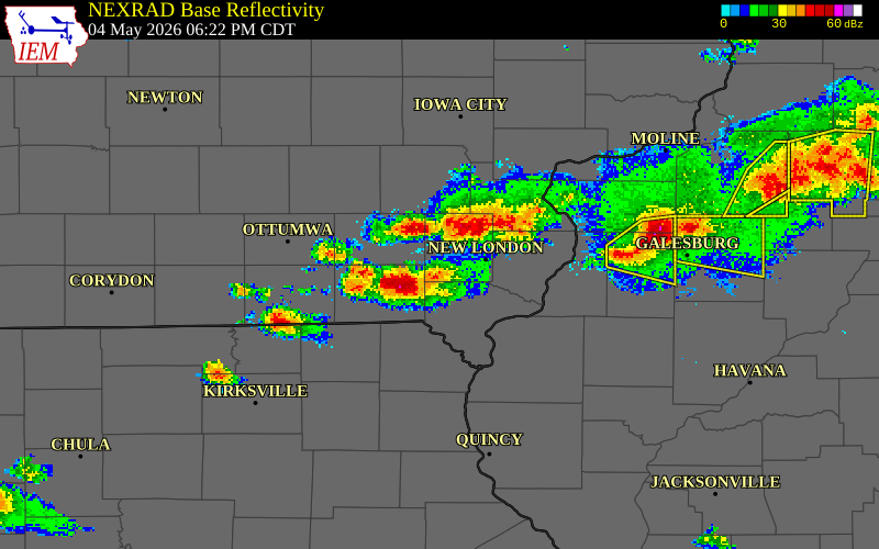 NEXRAD radar during the Monday, May 4, 2026 storm activity in Lee County, Iowa