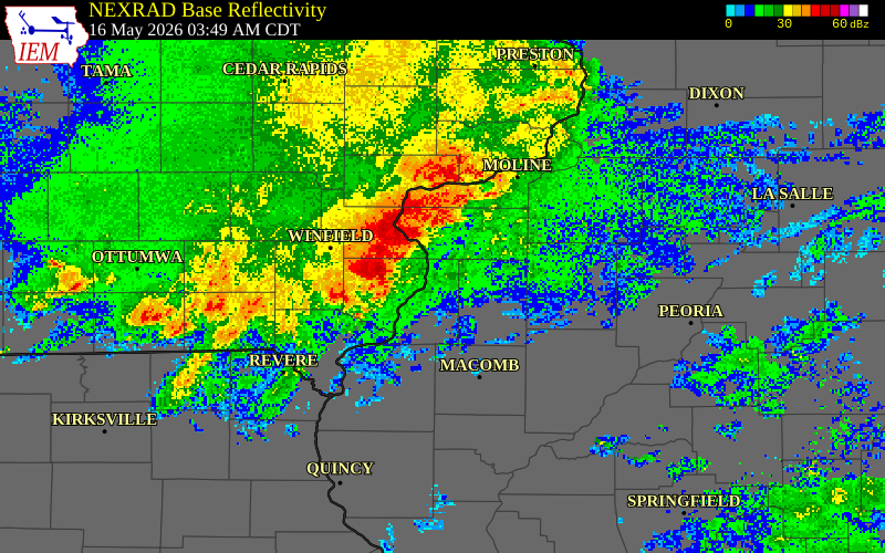 NEXRAD radar during the Saturday, May 16, 2026 storm activity in Lee County, Iowa