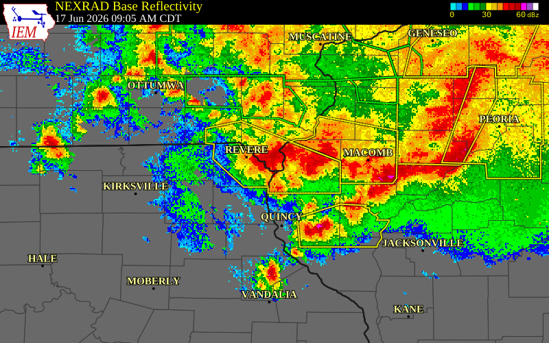 NEXRAD radar during the Wednesday, June 17, 2026 storm activity in Lee County, Iowa