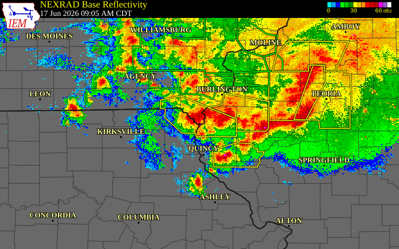 Radar snapshot during the Jun 17, 2026 tornado event near 3 SW Keokuk, Lee County, Iowa, with NWS warning polygons