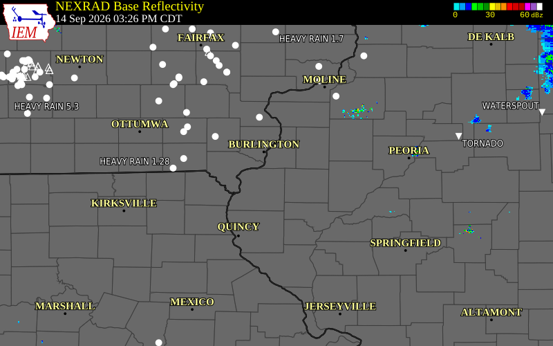 Current NEXRAD radar over Lee County, Iowa with recent storm report locations