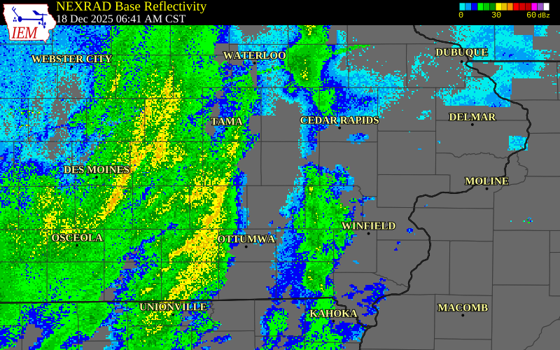 NEXRAD radar during the Thursday, December 18, 2025 storm activity in Linn County, Iowa