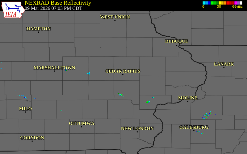NEXRAD radar during the Monday, March 9, 2026 storm activity in Linn County, Iowa