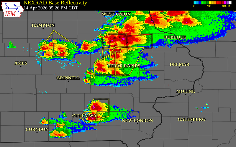 NEXRAD radar during the Tuesday, April 14, 2026 storm activity in Linn County, Iowa