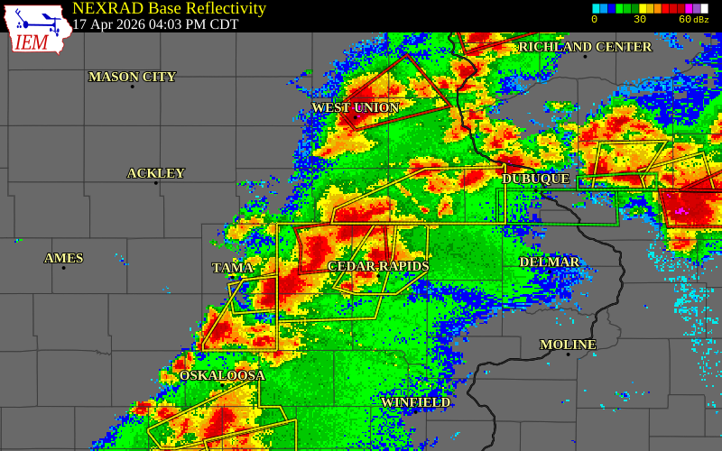 NEXRAD radar during the Friday, April 17, 2026 storm activity in Linn County, Iowa