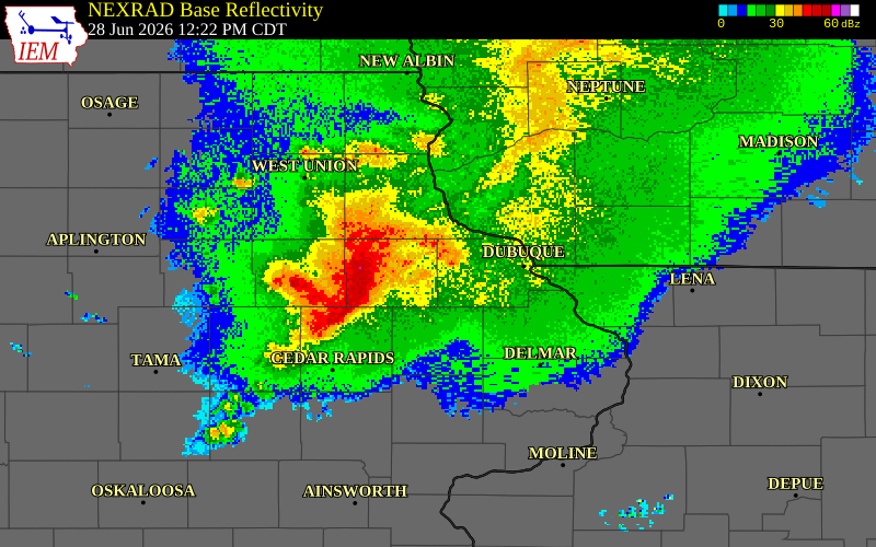 NEXRAD radar during the Sunday, June 28, 2026 storm activity in Linn County, Iowa