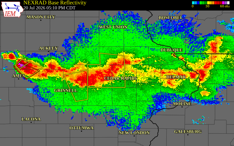 NEXRAD radar during the Monday, July 20, 2026 storm activity in Linn County, Iowa