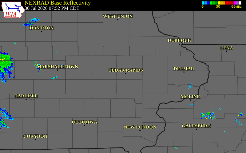 NEXRAD radar during the Thursday, July 30, 2026 storm activity in Linn County, Iowa
