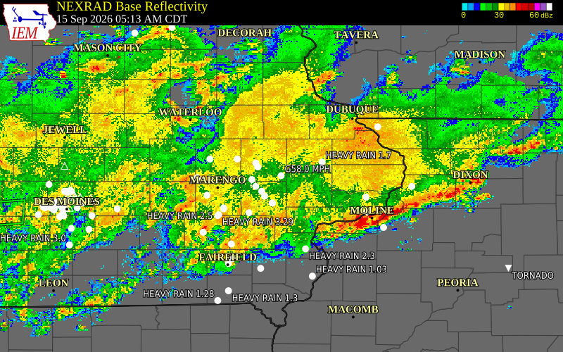 Current NEXRAD radar over Linn County, Iowa with recent storm report locations