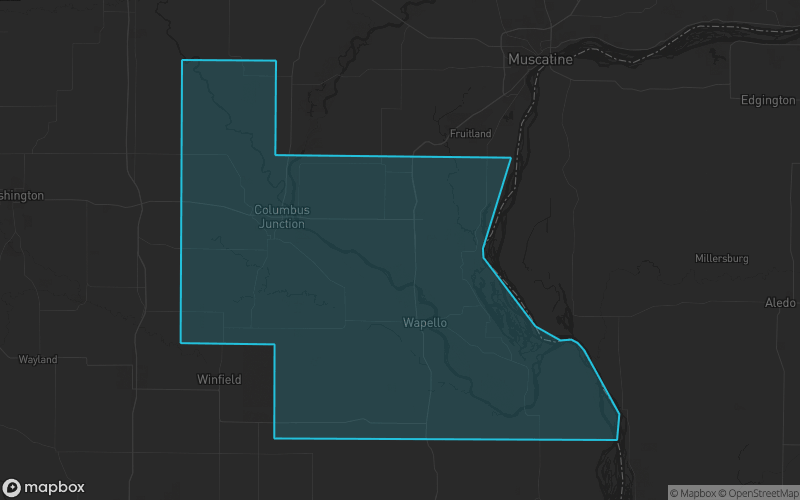 Map of Louisa County, Iowa showing the county boundary and surrounding cities